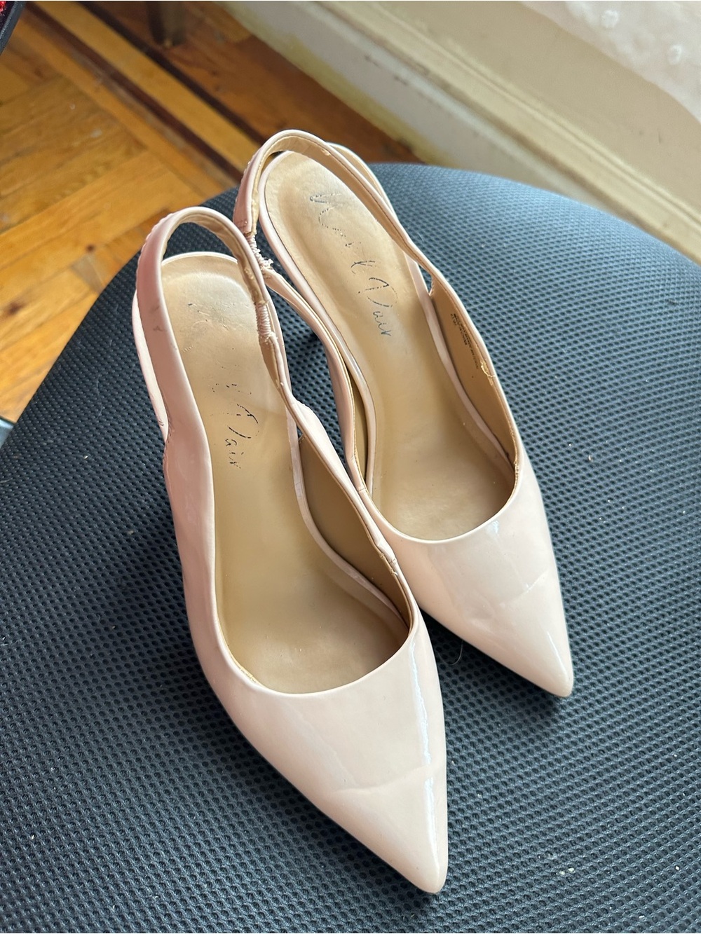 Wild Pair Blush Patent Pointed-Toe Slingback Heels